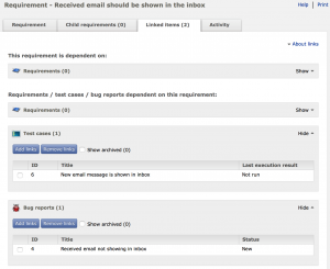 Figure 2 - Snapshot view of all linked relationships in a requirement. In this example, the requirement is linked to one test case and one bug report.