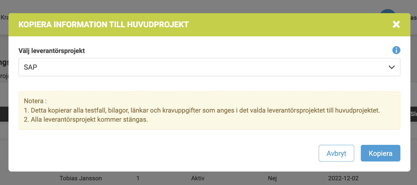 Kopiera informationen till huvudprojektet