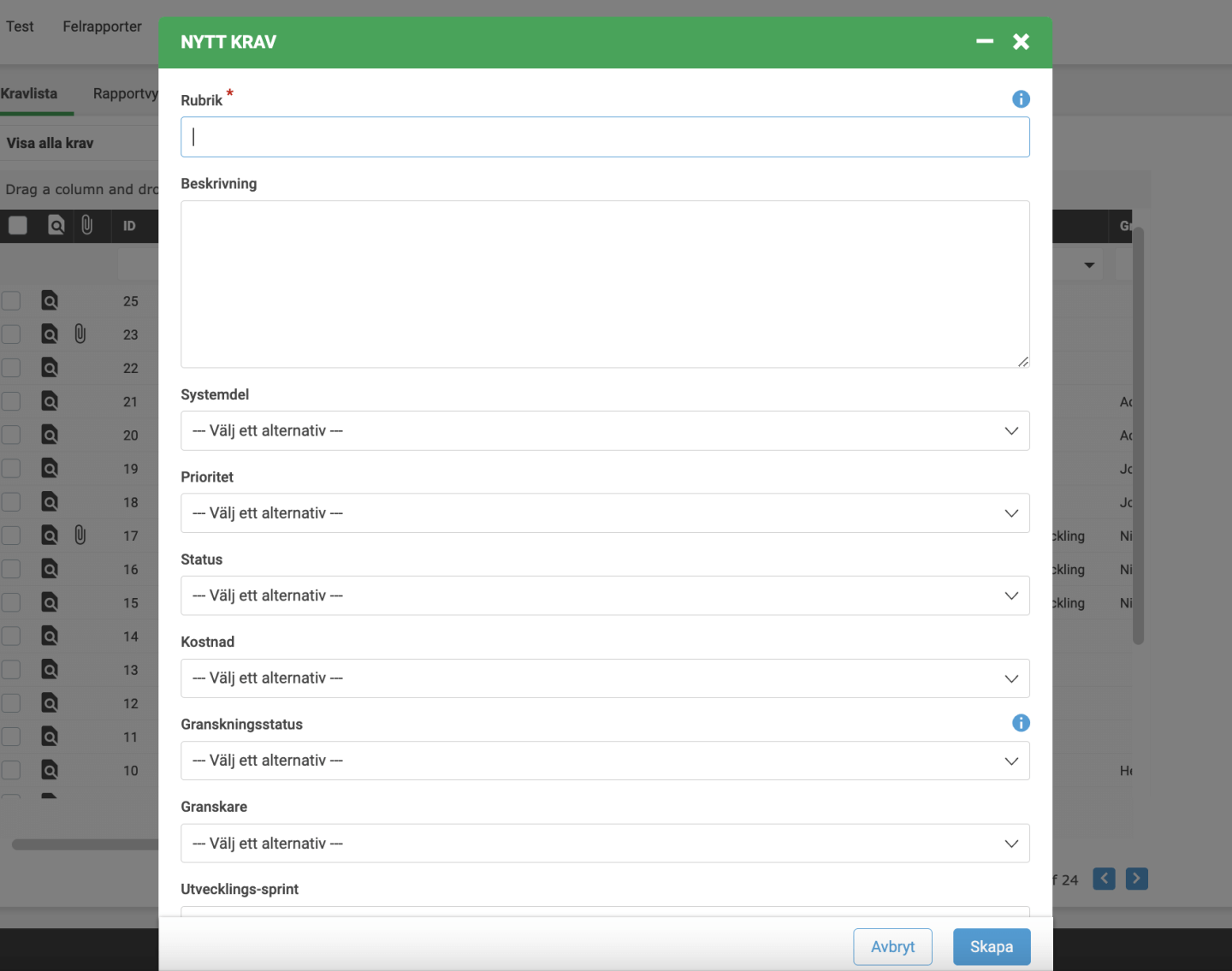 Du kan enkelt skapa krav genom att importera, klona eller skriva krav manuellt.