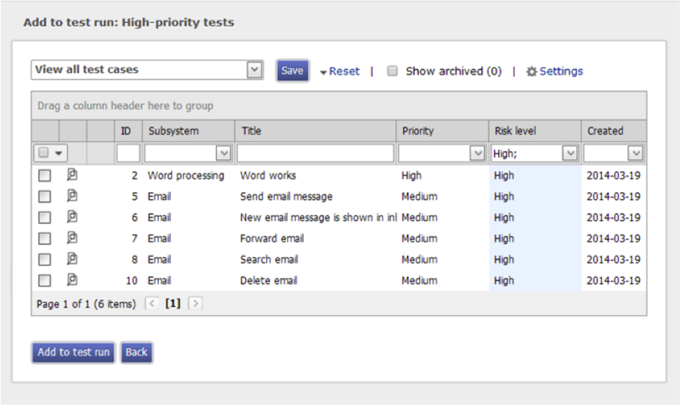 Figure 4. Creating a test run with high-priority tests