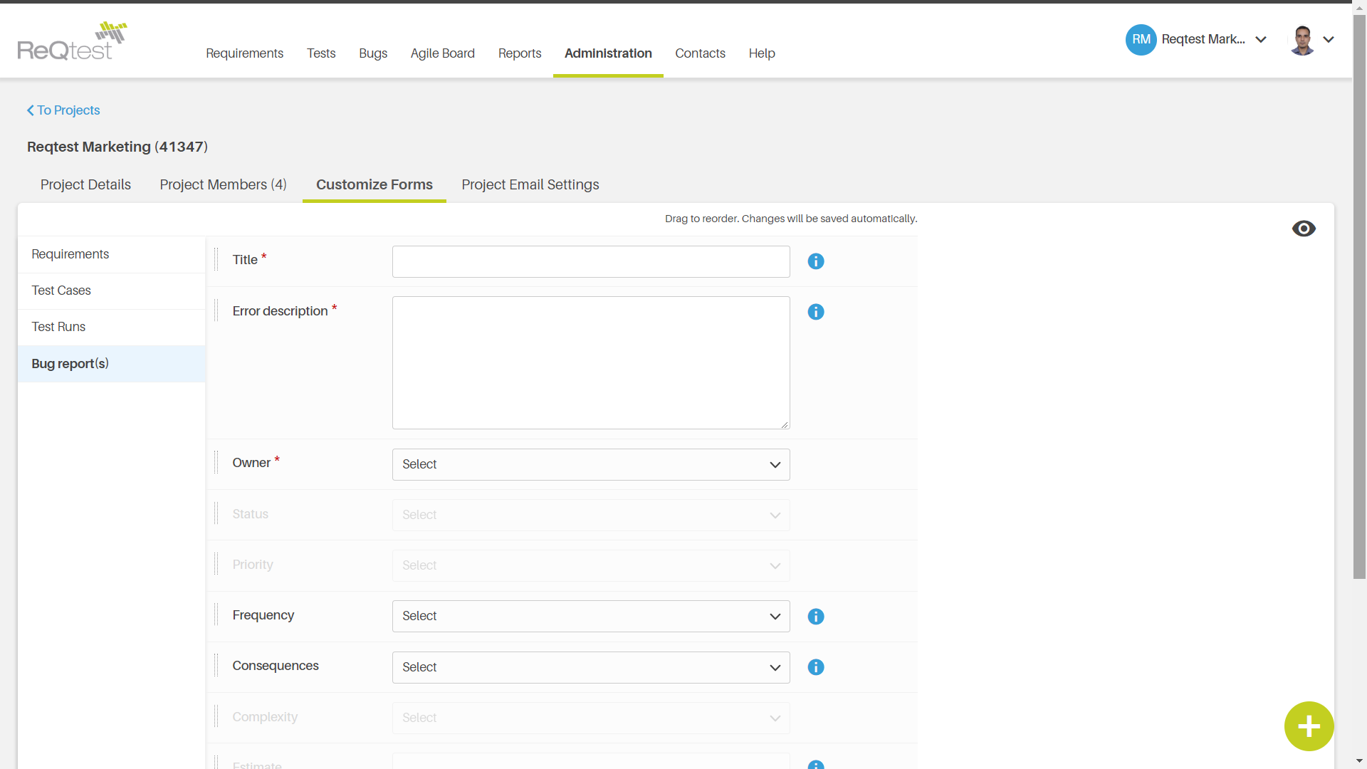 Create customised bug report forms for your team.